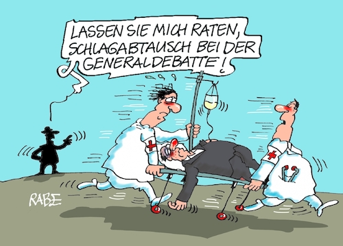 Cartoon: Schlagabtausch (medium) by RABE tagged merz,union,kanzler,fritze,koalition,spd,klingbeil,bundesregierung,rabe,ralf,böhme,cartoon,karikatur,pressezeichnung,farbcartoon,tagescartoon,trump,putin,krisen,tv,nachrichten,schlagabtausch,generaldebatte,weidel,alice,afd,haushalt,lüge,beleidigung,notarzt,trage,merz,union,kanzler,fritze,koalition,spd,klingbeil,bundesregierung,rabe,ralf,böhme,cartoon,karikatur,pressezeichnung,farbcartoon,tagescartoon,trump,putin,krisen,tv,nachrichten,schlagabtausch,generaldebatte,weidel,alice,afd,haushalt,lüge,beleidigung,notarzt,trage
