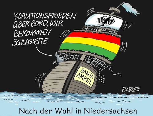 Cartoon: Schlagseite (medium) by RABE tagged landtagswahl,nrw,wüst,kutschaty,cdu,spd,nordrheinwestfalen,nordrhein,westfalen,rabe,ralf,böhme,cartoon,karikatur,pressezeichnung,farbcartoon,tagescartoon,wähler,wahlurne,maß,maßkrug,wappen,wahlsieg,niedersachsen,stephan,weil,rot,grün,olaf,scholz,hannover,berlin,ampel,ampelkoalition,fdp,koalitionsfrieden,schlagseite,schieflage,meer,sturm,kogge,schiff,santa,segel,landtagswahl,nrw,wüst,kutschaty,cdu,spd,nordrheinwestfalen,nordrhein,westfalen,rabe,ralf,böhme,cartoon,karikatur,pressezeichnung,farbcartoon,tagescartoon,wähler,wahlurne,maß,maßkrug,wappen,wahlsieg,niedersachsen,stephan,weil,rot,grün,olaf,scholz,hannover,berlin,ampel,ampelkoalition,fdp,koalitionsfrieden,schlagseite,schieflage,meer,sturm,kogge,schiff,santa,segel