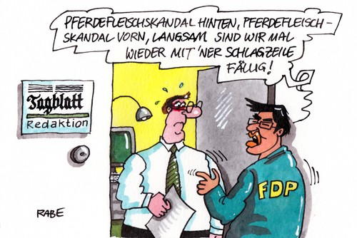 Cartoon: Schlagzeile (medium) by RABE tagged rösler,fdp,liberale,pferdefleisch,pferdefleischskandal,lasagne,rabe,ralf,böhme,cartoon,karikatur,wirtschaftsminister,wahlkampf,brüderle,dirndl,sexismus,pferd,verbraucher,verbraucherschutz,redaktion,tagblatt,journalisten,presse,zeitung,schlagzeile,headline,rösler,fdp,liberale,pferdefleisch,pferdefleischskandal,lasagne,rabe,ralf,böhme,cartoon,karikatur,wirtschaftsminister,wahlkampf,brüderle,dirndl,sexismus,pferd,verbraucher,verbraucherschutz,redaktion,tagblatt,journalisten,presse,zeitung,schlagzeile,headline