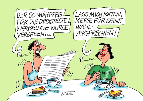Cartoon: Schmähpreis (medium) by RABE tagged merz,union,kanzler,fritze,koalition,spd,klingbeil,bundesregierung,rabe,ralf,böhme,cartoon,karikatur,pressezeichnung,farbcartoon,tagescartoon,trump,putin,krisen,tv,nachrichten,wahlversprechen,wahlversprechungen,wähllüge,schmähpreis,windbeutel,werbelüge,lüge,werbung,merz,union,kanzler,fritze,koalition,spd,klingbeil,bundesregierung,rabe,ralf,böhme,cartoon,karikatur,pressezeichnung,farbcartoon,tagescartoon,trump,putin,krisen,tv,nachrichten,wahlversprechen,wahlversprechungen,wähllüge,schmähpreis,windbeutel,werbelüge,lüge,werbung