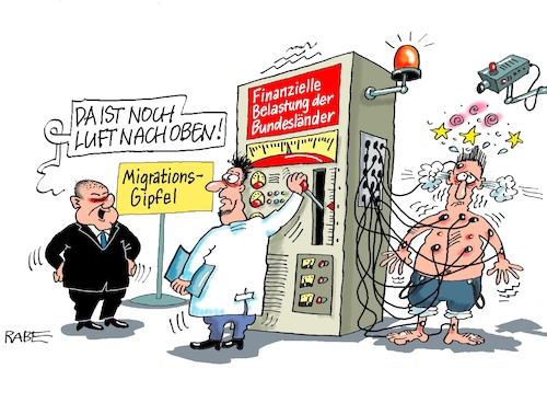 Cartoon: Schmerzgrenze (medium) by RABE tagged kanzleramt,scholz,bund,länder,gipfel,migration,migrationsgipfel,flüchtlingsgipfel,rabe,ralf,böhme,cartoon,karikatur,pressezeichnung,farbcartoon,tagescartoon,automat,schmerzgrenze,computer,drähte,schmerzen,kanzleramt,scholz,bund,länder,gipfel,migration,migrationsgipfel,flüchtlingsgipfel,rabe,ralf,böhme,cartoon,karikatur,pressezeichnung,farbcartoon,tagescartoon,automat,schmerzgrenze,computer,drähte,schmerzen