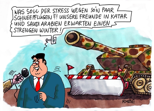 Cartoon: Schneepflug (medium) by RABE tagged wirtschaftsminister,sigmar,gabriel,spd,bundesregierung,waffen,waffenlieferung,waffenlobby,panzer,katar,saudi,arabien,rabe,ralf,böhme,cartoon,karikatur,pressezeichnung,farbcartoon,tagescartoon,winter,schnee,schneepflug,wüste,von,der,leyen,wirtschaftsminister,sigmar,gabriel,spd,bundesregierung,waffen,waffenlieferung,waffenlobby,panzer,katar,saudi,arabien,rabe,ralf,böhme,cartoon,karikatur,pressezeichnung,farbcartoon,tagescartoon,winter,schnee,schneepflug,wüste,von,der,leyen