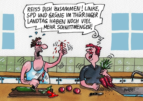 Cartoon: Schnittmenge (medium) by RABE tagged lieberknecht,thüringen,neuwahlen,cdu,linke,ramelow,grüne,sondierung,rabe,ralf,böhme,cartoon,karikatur,pressezeichnung,farbcartoon,tagescartoon,bausewein,spd,koalition,schnittmenge,koalitionsrunde,koalitionsgespräche,ministerpräsident,küche,mann,frau,küchenarbeit,gemüse,schneidbrett,schittwunde,blut,schnittverletzung,messer,lieberknecht,thüringen,neuwahlen,cdu,linke,ramelow,grüne,sondierung,rabe,ralf,böhme,cartoon,karikatur,pressezeichnung,farbcartoon,tagescartoon,bausewein,spd,koalition,schnittmenge,koalitionsrunde,koalitionsgespräche,ministerpräsident,küche,mann,frau,küchenarbeit,gemüse,schneidbrett,schittwunde,blut,schnittverletzung,messer