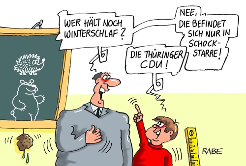 Cartoon: Schockstarre (medium) by RABE tagged ministerpräsident,ministerbräsidentenwahl,wahlgänge,abstimmung,stimmenlieberknecht,thüringen,neuwahlen,cdu,linke,ramelow,grüne,sondierung,rabe,ralf,böhme,cartoon,karikatur,pressezeichnung,farbcartoon,tagescartoon,bausewein,spd,koalition,schock,schockstarre,lehrer,schüler,tafel,winterschlaf,igel,bär,ministerpräsident,ministerbräsidentenwahl,wahlgänge,abstimmung,stimmenlieberknecht,thüringen,neuwahlen,cdu,linke,ramelow,grüne,sondierung,rabe,ralf,böhme,cartoon,karikatur,pressezeichnung,farbcartoon,tagescartoon,bausewein,spd,koalition,schock,schockstarre,lehrer,schüler,tafel,winterschlaf,igel,bär