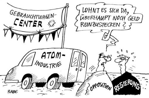 Cartoon: Schrott (medium) by RABE tagged sanierungskosten,sanierung,schrotthändler,center,gebrauchtwagenmarkt,gebrauchtwagen,autohändler,krise,euro,brennelemente,atomlobby,kernkraftwerk,atommoratorium,atomausstieg,atomstreit,atpmdebatte,grüne,linke,spd,fdp,schwarzgelb,koalition,opposition,cdu,merkel,kanzlerin,bundesregierung,bundesregierung,kanzlerin,merkel,cdu,opposition,koalition