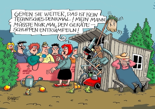 Cartoon: Schrottlager (medium) by RABE tagged denkmal,baudenkmäler,schuppen,geräteschuppen,schrottplatz,tag,offen,besichtigung,rabe,ralf,böhme,cartoon,karikatur,pressezeichnung,farbcartoon,tagescartoon,garten,rasen,rasenmäher,besucher,denkmal,baudenkmäler,schuppen,geräteschuppen,schrottplatz,tag,offen,besichtigung,rabe,ralf,böhme,cartoon,karikatur,pressezeichnung,farbcartoon,tagescartoon,garten,rasen,rasenmäher,besucher