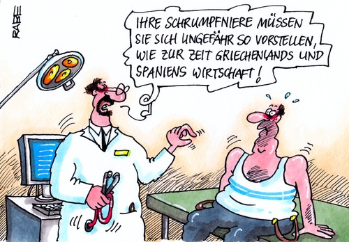 Cartoon: Schrumpfniere (medium) by RABE tagged spanien,madrid,euro,schuldenkrise,eu,brüssel,rettungsschirm,griechenland,fiskalpakt,eurobonds,rettungspaket,bankenchefs,finanzchefs,em,wirtschaft,wirtschaftswachstum,konjunktur,schrumpfung,schrumpfniere,niere,patient,arzt,doktor,ultraschalluntersuchung,therapie,praxis,sprechzimmer