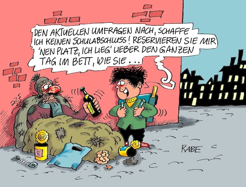 Cartoon: Schulabschluß (medium) by RABE tagged schulabschluß,umfrage,lesen,schreiben,mathe,zuhören,grundschüler,rabe,ralf,böhme,cartoon,karikatur,pressezeichnung,farbcartoon,tagescartoon,bettler,obdachloser,schlafsack,einkaufspassage,ausbildung,lehrstelle,pisastudie,migration,inklusion,schulabschluß,umfrage,lesen,schreiben,mathe,zuhören,grundschüler,rabe,ralf,böhme,cartoon,karikatur,pressezeichnung,farbcartoon,tagescartoon,bettler,obdachloser,schlafsack,einkaufspassage,ausbildung,lehrstelle,pisastudie,migration,inklusion