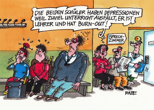 Cartoon: Schulalltag (medium) by RABE tagged unterrichtsausfall,lehrermangel,farbcartoon,pressezeichnung,karikatur,cartoon,böhme,ralf,rabe,zeugnis,schulklasse,lehrer,schüler,unterricht,schule,bildungswesen,bildung,stundenausfall,burn,out,burnout,depressionen,arzt,sprechzimmer,patient,wartezimmerbildungsplan,stress,bildung,bildungswesen,schule,unterricht,schüler,lehrer,schulklasse,zeugnis,rabe,ralf,böhme,cartoon,karikatur,pressezeichnung,farbcartoon,lehrermangel,unterrichtsausfall,stundenausfall,burn,out,burnout,depressionen,arzt,sprechzimmer,patient,wartezimmerbildungsplan,stress