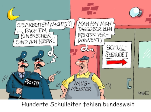 Cartoon: Schulleitermangel (medium) by RABE tagged bildung,bildungswesen,schulen,schulklassen,lehrer,lehrermangel,schülerzahlen,stundenausfall,rabe,ralf,böhme,cartoon,karikatur,pressezeichnung,farbcartoon,tagescartoon,polizei,hausmeister,rektor,schulleiter,schulleitung,direktor,bildung,bildungswesen,schulen,schulklassen,lehrer,lehrermangel,schülerzahlen,stundenausfall,rabe,ralf,böhme,cartoon,karikatur,pressezeichnung,farbcartoon,tagescartoon,polizei,hausmeister,rektor,schulleiter,schulleitung,direktor