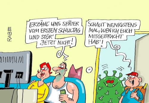 Cartoon: Schulstartermitbringsel (medium) by RABE tagged virus,corona,pandemie,coronakrise,rabe,ralf,böhme,cartoon,karikatur,pressezeichnung,farbcartoon,tagescartoon,viren,virenschutz,mundschutz,desinfektion,föderal,föderalismus,ländersache,schule,schulstart,schulbeginn,eltern,schüler,lehrer,ansteckungsgefahr,einbahnstraße,coronaregeln,abstandsregeln,maskenpflicht,hygienekonzept,virus,corona,pandemie,coronakrise,rabe,ralf,böhme,cartoon,karikatur,pressezeichnung,farbcartoon,tagescartoon,viren,virenschutz,mundschutz,desinfektion,föderal,föderalismus,ländersache,schule,schulstart,schulbeginn,eltern,schüler,lehrer,ansteckungsgefahr,einbahnstraße,coronaregeln,abstandsregeln,maskenpflicht,hygienekonzept