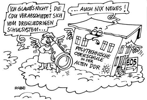 Cartoon: Schulsystem (medium) by RABE tagged bundesregierung,merkel,kanzlerin,cdu,bildungsministerin,schulsystem,dreigliedrig,schulkonzept,schulpläne,hauptschule,realschule,gymnasium,klassen,schüler,schülerzahlen,lehrer,lehrerzimmer,schulen,hochschulen,ddr,pos,eos,oberschule,verabschiedung,euro,geburtenzahlen,engel,wolke,fernglas,fernrohr,himmel,schulgebäude,bildungswesen,pisastudie,lehrplan,stundenplan,bildung,erziehung,bundesregierung,merkel,kanzlerin,bildungsministerin,bildungswesen,klassen,klassenstärke,lehrerzimmer,klassenraum,unterricht,hauptschule,schülerzahlen