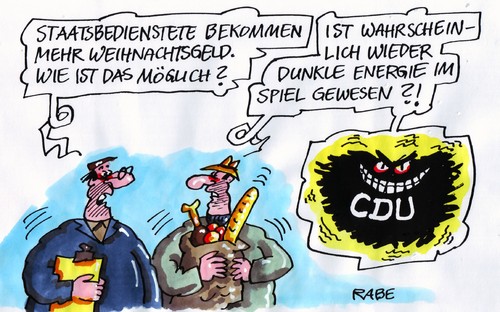 Cartoon: Schwarze Magie (medium) by RABE tagged bundesregierung,kanzlerin,merkel,cdu,finanzminister,euro,schäuble,gehalt,weihnachtsgeld,prämie,erhöhung,parlament,beamte,staatsdiener,staatsbedienstete,bezüge,energie,materie,universum,all,weltall,urknall,himmelskörper,planeten,supernova,nobelpreis,physik,nobelpreisträger,oslo,nobelpreisverleihung,forschung,wissenschaft,astrophysik,ausdehnung,bundesregierung,kanzlerin,merkel,schäuble,weihnachtsgeld