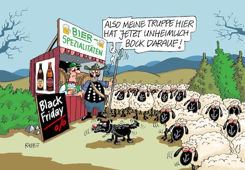 Cartoon: Schwarze Schafe (medium) by RABE tagged black,friday,rabatt,preisnachlass,tiefpreise,preissturz,sale,rabe,ralf,böhme,cartoon,karikatur,pressezeichnung,farbcartoon,tagescartoon,schafe,schäfer,schäferhund,kiosk,bier,fassbier,bierfass,humpen,mass,black,friday,rabatt,preisnachlass,tiefpreise,preissturz,sale,rabe,ralf,böhme,cartoon,karikatur,pressezeichnung,farbcartoon,tagescartoon,schafe,schäfer,schäferhund,kiosk,bier,fassbier,bierfass,humpen,mass