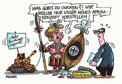 Cartoon: Schwarzer Kontinent (medium) by RABE tagged afrika,bundesregierung,bundeskabinett,kabinett,schwarzrot,merkel,kanzlerin,cdu,afrikakonzept,grundlage,beziehungen,staaten,waffen,waffenlieferung,nigeria,kongo,auslandseinsatz,bundeswehr,kampfeinsatz,rabe,ralf,böhme,cartoon,karikatur,pressezeichnung,farbcartoon,eingeborene,afrikaner,speer,schuhcreme,panzer,rüstungsexporte,kleinwaffen,aufständische,opposition,militärr,afrika,bundesregierung,bundeskabinett,kabinett,schwarzrot,merkel,kanzlerin,cdu,afrikakonzept,grundlage,beziehungen,staaten,waffen,waffenlieferung,nigeria,kongo,auslandseinsatz,bundeswehr,kampfeinsatz,rabe,ralf,böhme,cartoon,karikatur,pressezeichnung,farbcartoon,eingeborene,afrikaner,speer,schuhcreme,panzer,rüstungsexporte,kleinwaffen,aufständische,opposition,militärr