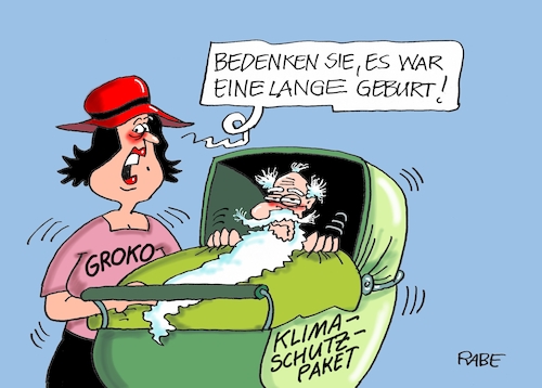 Cartoon: Schwere Geburt (medium) by RABE tagged klimawandel,umwelt,umweltministerin,schulze,sp,klimapreis,heizung,auto,rabe,ralf,böhme,cartoon,karikatur,pressezeichnung,farbcartoon,tagescartoon,brücke,bettler,verkehr,klimaprämie,friday,for,future,klimaschutzpaket,klimastreik,bundesregierung,groko,kinderwagen,baby,greis,rentner,bart,zangengeburt,steissgeburt,thunberg,weltklimatag,kabinett,klimawandel,umwelt,umweltministerin,schulze,sp,klimapreis,heizung,auto,rabe,ralf,böhme,cartoon,karikatur,pressezeichnung,farbcartoon,tagescartoon,brücke,bettler,verkehr,klimaprämie,friday,for,future,klimaschutzpaket,klimastreik,bundesregierung,groko,kinderwagen,baby,greis,rentner,bart,zangengeburt,steissgeburt,thunberg,weltklimatag,kabinett