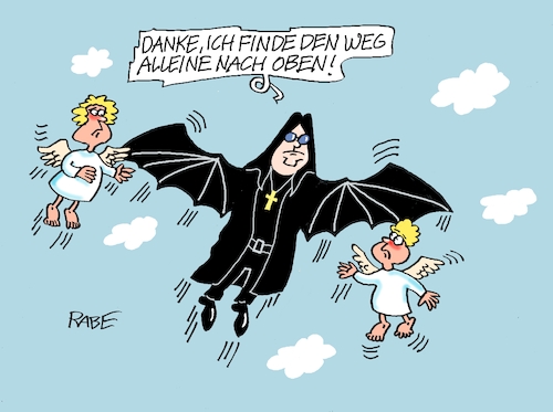 Cartoon: Selbstflieger Ozzy Osbourne (medium) by RABE tagged ozzy,osbourne,black,sabbath,sänger,heavy,metal,blackmetal,rabe,ralf,böhme,cartoon,karikatur,pressezeichnung,farbcartoon,tagescartoon,fledermaus,fürst,dunkelheit,himmel,tod,engel,wolke,petrus,ozzy,osbourne,black,sabbath,sänger,heavy,metal,blackmetal,rabe,ralf,böhme,cartoon,karikatur,pressezeichnung,farbcartoon,tagescartoon,fledermaus,fürst,dunkelheit,himmel,tod,engel,wolke,petrus