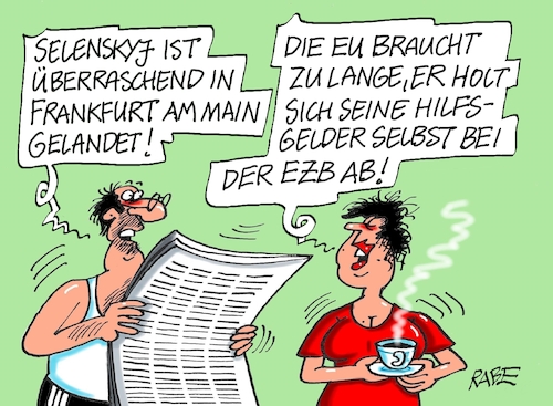 Cartoon: Selenskyj in Frankfurt (medium) by RABE tagged krise,krisenzeiten,klimakrise,ukrainekrieg,inflation,rückzug,rabe,ralf,böhme,cartoon,karikatur,pressezeichnung,farbcartoon,tagescartoon,selensjyj,franjfurt,landung,flughafen,am,main,hessen,ezb,krise,krisenzeiten,klimakrise,ukrainekrieg,inflation,rückzug,rabe,ralf,böhme,cartoon,karikatur,pressezeichnung,farbcartoon,tagescartoon,selensjyj,franjfurt,landung,flughafen,am,main,hessen,ezb