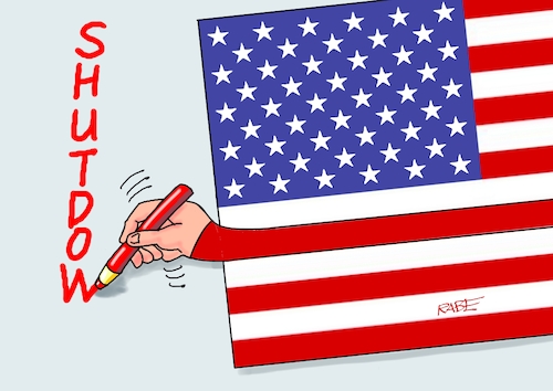 Cartoon: Shutdown (medium) by RABE tagged trump,kanada,gipfel,gipfeltreffen,staatschefs,rabe,ralf,böhme,cartoon,karikatur,pressezeichnung,farbcartoon,tagescartoon,gespenst,geist,angst,donald,usa,nato,natoaustritt,schild,haushalt,haushaltssperre,shutdown,kongress,republikaner,demokraten,fahne,stars,sterne,rotstift,streifen,trump,kanada,gipfel,gipfeltreffen,staatschefs,rabe,ralf,böhme,cartoon,karikatur,pressezeichnung,farbcartoon,tagescartoon,gespenst,geist,angst,donald,usa,nato,natoaustritt,schild,haushalt,haushaltssperre,shutdown,kongress,republikaner,demokraten,fahne,stars,sterne,rotstift,streifen