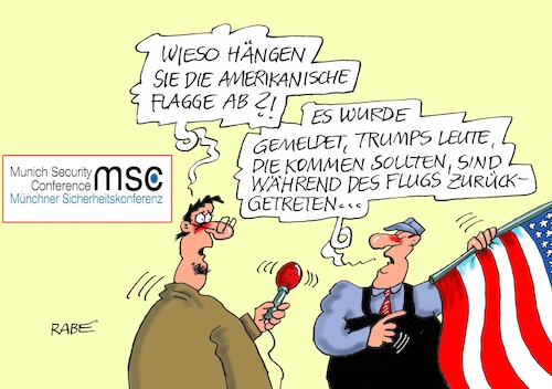 Cartoon: Sicherheitskonferenz (medium) by RABE tagged münchen,sicherheitskonferenz,usa,trump,regierung,rücktritt,minister,außenpolitik,geheimdiente,nato,rabe,ralf,böhme,cartoon,karikatur,pressezeichnung,farbcartoon,tagescartoon,fahne,flagge,aussenminister,militärs,gabriel,münchen,sicherheitskonferenz,usa,trump,regierung,rücktritt,minister,außenpolitik,geheimdiente,nato,rabe,ralf,böhme,cartoon,karikatur,pressezeichnung,farbcartoon,tagescartoon,fahne,flagge,aussenminister,militärs,gabriel