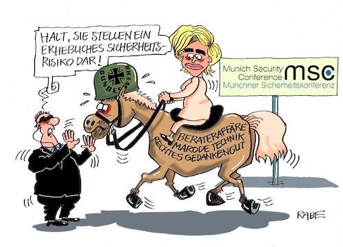 Cartoon: Sicherheitskonferenz (medium) by RABE tagged bundeswehr,sicherheitrisiko,sicherheitskonferenz,münchen,nato,eu,armee,von,der,leyen,rabe,ralf,böhme,cartoon,karikatur,pressezeichnung,farbcartoon,tagescartoon,gaul,pferd,berateraffäre,beraterarmee,rechte,gedankengut,technik,marode,sicherheit,bodyguard,trump,putin,atomraketen,inf,bundeswehr,sicherheitrisiko,sicherheitskonferenz,münchen,nato,eu,armee,von,der,leyen,rabe,ralf,böhme,cartoon,karikatur,pressezeichnung,farbcartoon,tagescartoon,gaul,pferd,berateraffäre,beraterarmee,rechte,gedankengut,technik,marode,sicherheit,bodyguard,trump,putin,atomraketen,inf