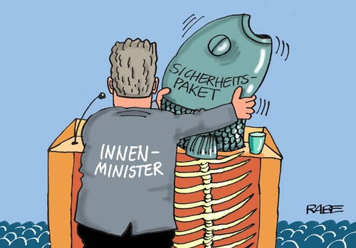 Cartoon: Sicherheitspaket (medium) by RABE tagged polizeiausrüstung,schweigepflicht,abschiebung,sicherheitspaket,cdu,bundesinnenminister,schutz,bevölkerung,verschärfung,ausländerrecht,rabe,ralf,böhme,cartoon,karikatur,pressezeichnung,farbcartoon,tagescartoon,fisch,gräten,fischkopf,rednerpult,mikro,bundesinnenminister,cdu,sicherheitspaket,abschiebung,schweigepflicht,polizeiausrüstung,schutz,bevölkerung,verschärfung,ausländerrecht,rabe,ralf,böhme,cartoon,karikatur,pressezeichnung,farbcartoon,tagescartoon,fisch,gräten,fischkopf,rednerpult,mikro