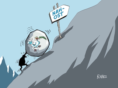 Cartoon: Sisyphus (medium) by RABE tagged israel,hamas,krieg,gewalt,mord,uneinigkeit,gaza,gazastreifen,westjordanland,frieden,friedensbemühungen,rabe,ralf,böhme,cartoon,karikatur,pressezeichnung,farbcartoon,tagescartoon,sisyphus,nahost,wegweiser,berg,fels,kugel,friedenstaube,taube,israel,hamas,krieg,gewalt,mord,uneinigkeit,gaza,gazastreifen,westjordanland,frieden,friedensbemühungen,rabe,ralf,böhme,cartoon,karikatur,pressezeichnung,farbcartoon,tagescartoon,sisyphus,nahost,wegweiser,berg,fels,kugel,friedenstaube,taube