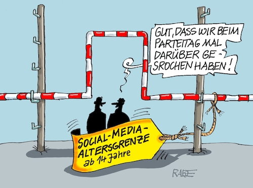 Cartoon: Social Media (medium) by RABE tagged merz,kanzler,koalition,union,spd,klingbeil,cartoon,karikatur,pressezeichnung,farbcartoon,tagescartoon,bürokratie,verwaltung,beamte,modernisierung,monster,drachen,schwert,holzschwert,nägel,säge,social,media,internet,tiktok,instagram,kinder,verbot,bundesparteitag,gerede,schranke,latte,handy,netz,ki,merz,kanzler,koalition,union,spd,klingbeil,cartoon,karikatur,pressezeichnung,farbcartoon,tagescartoon,bürokratie,verwaltung,beamte,modernisierung,monster,drachen,schwert,holzschwert,nägel,säge,social,media,internet,tiktok,instagram,kinder,verbot,bundesparteitag,gerede,schranke,latte,handy,netz,ki