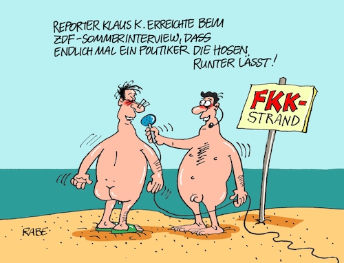 Cartoon: Sommerinterview I (medium) by RABE tagged habeck,grüne,bündnis,parteispitze,kanzlerfrage,akk,merkel,rabe,ralf,böhme,cartoon,karikatur,pressezeicnung,farbcartoon,tagescartrtoon,umwelt,umweltpolitik,wählergunst,zdf,sommerinterview,fkk,strand,hosen,runterlassen,heutejournal,nackedei,wasser,sand,meer,politiker,journalist,klima,hitze,habeck,grüne,bündnis,parteispitze,kanzlerfrage,akk,merkel,rabe,ralf,böhme,cartoon,karikatur,pressezeicnung,farbcartoon,tagescartrtoon,umwelt,umweltpolitik,wählergunst,zdf,sommerinterview,fkk,strand,hosen,runterlassen,heutejournal,nackedei,wasser,sand,meer,politiker,journalist,klima,hitze