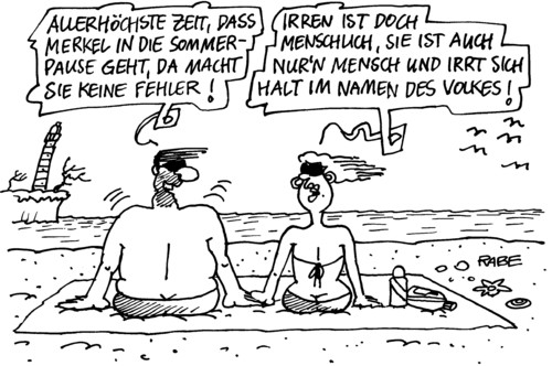 Cartoon: Sommerpause (medium) by RABE tagged merkel,kanzlerin,cdu,bundesregierung,sommerpause,urlaub,ferien,irrung,zeit,fehler,volk,volksvertreter,parlamentarier,demokratie,pause,kabinett,beschlusse,politikverdrossenheit,fehlentscheidungen,volkswille,strand,frau,mann,ehepaar,meer,ostsee,nordsee,leuchtturm,krise,euro,merkel,kanzlerin,bundesregierung,politiker,abgeordnete,volksvertreter,volkswille,politikverdrossenheit