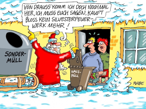 Cartoon: Sondermüll (medium) by RABE tagged klimawandel,umwelt,umweltministerin,schulze,sp,klimapreis,heizung,auto,rabe,ralf,böhme,cartoon,karikatur,pressezeichnung,farbcartoon,tagescartoon,brücke,bettler,verkehr,klimaprämie,friday,for,future,silvester,neujahr,böller,raketen,raketenverkauf,jahreswechsel,silvesterknaller,feuerwerk,feuerwerkskörper,weihnachtsmann,müll,mülltonnen,klimawandel,umwelt,umweltministerin,schulze,sp,klimapreis,heizung,auto,rabe,ralf,böhme,cartoon,karikatur,pressezeichnung,farbcartoon,tagescartoon,brücke,bettler,verkehr,klimaprämie,friday,for,future,silvester,neujahr,böller,raketen,raketenverkauf,jahreswechsel,silvesterknaller,feuerwerk,feuerwerkskörper,weihnachtsmann,müll,mülltonnen