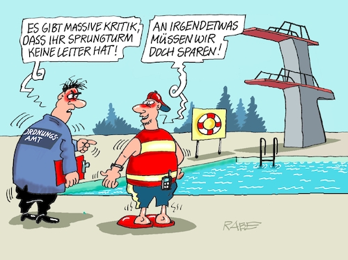 Cartoon: Sparmaßnahme (medium) by RABE tagged merz,groko,spd,union,posten,postenvergabe,rabe,ralf,böhme,cartoon,karikatur,pressezeichnung,farbcartoon,tagescartoon,schaufenster,deko,umbau,laden,ladenhüter,regierungsbildung,einsparung,sparpaket,sparkurs,kommune,länder,freibad,schwimmbad,bademeister,behörde,sprungturm,sprungbrett,leiter,merz,groko,spd,union,posten,postenvergabe,rabe,ralf,böhme,cartoon,karikatur,pressezeichnung,farbcartoon,tagescartoon,schaufenster,deko,umbau,laden,ladenhüter,regierungsbildung,einsparung,sparpaket,sparkurs,kommune,länder,freibad,schwimmbad,bademeister,behörde,sprungturm,sprungbrett,leiter