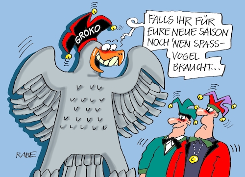 Cartoon: Spassvogel (medium) by RABE tagged groko,union,cdu,csu,spd,merkel,akk,berlin,bundesregierung,befragung,rabe,ralf,böhme,cartoon,karikatur,pressezeichnung,farbcartoon,tagescartoon,prügelei,halbzeit,halbzeitbilanz,grundrente,karneval,saisonauftakt,karnevalsauftakt,elfter,fasching,elferrat,adler,bundesadler,bundestag,plenarsaal,groko,union,cdu,csu,spd,merkel,akk,berlin,bundesregierung,befragung,rabe,ralf,böhme,cartoon,karikatur,pressezeichnung,farbcartoon,tagescartoon,prügelei,halbzeit,halbzeitbilanz,grundrente,karneval,saisonauftakt,karnevalsauftakt,elfter,fasching,elferrat,adler,bundesadler,bundestag,plenarsaal