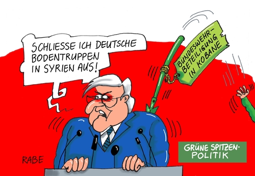 Cartoon: Spitzenpolitik (medium) by RABE tagged kobane,syrien,is,islamisten,türkei,grüne,steinmeier,spd,militäreinsatz,speer,rabe,ralf,böhme,cartoon,karikatur,pressezeichnung,farbcartoon,tagescartoon,bodentruppen,bundeswehr,usa,deutschland,truppen,bundeswehrbeteiligung,kobane,syrien,is,islamisten,türkei,grüne,steinmeier,spd,militäreinsatz,speer,rabe,ralf,böhme,cartoon,karikatur,pressezeichnung,farbcartoon,tagescartoon,bodentruppen,bundeswehr,usa,deutschland,truppen,bundeswehrbeteiligung