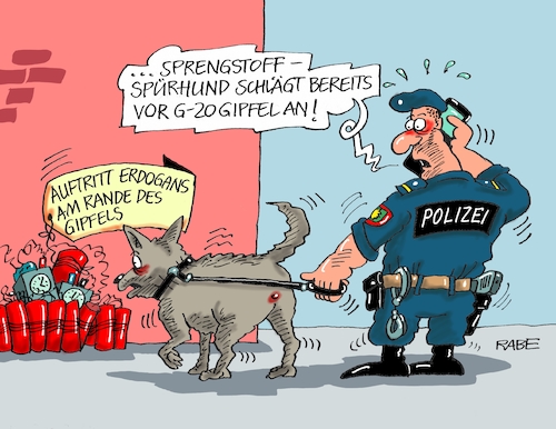 Cartoon: Sprengstoff (medium) by RABE tagged böhmermann,zdf,neo,atire,satiriker,erdogan,türkei,ministerpräsident,schmähgedicht,rabe,ralf,böhme,cartoon,karikatur,pressezeichnung,farbcartoon,tagescartoon,hamburg,rand,sprengstoff,zwanzig,gipfel,landsleute,auftrittsverbot,unruhe,absicherung,sprengstoffspürhund,zündstoff,polizei,polizeiaufgebot,böhmermann,zdf,neo,atire,satiriker,erdogan,türkei,ministerpräsident,schmähgedicht,rabe,ralf,böhme,cartoon,karikatur,pressezeichnung,farbcartoon,tagescartoon,hamburg,rand,sprengstoff,zwanzig,gipfel,landsleute,auftrittsverbot,unruhe,absicherung,sprengstoffspürhund,zündstoff,polizei,polizeiaufgebot