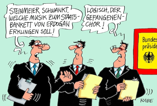 Cartoon: Staatsbankett (medium) by RABE tagged erdogan,staatsbankett,türkei,steinmeier,absagen,rabe,ralf,böhme,cartoon,karikatur,merkel,menschenrechte,journalisten,gefangene,nabuco,gefangenenchor,erdogan,staatsbankett,türkei,steinmeier,absagen,rabe,ralf,böhme,cartoon,karikatur,merkel,menschenrechte,journalisten,gefangene,nabuco,gefangenenchor