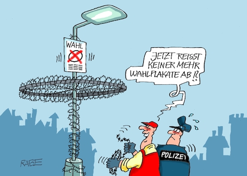 Cartoon: Stacheldrahtiges (medium) by RABE tagged wahl,landtagswahlen,europawahl,wähler,wahlplakate,wahlkämpfer,wahlkampfveranstaltung,wahlredner,gewalt,rabe,ralf,böhme,cartoon,karikatur,pressezeichnung,farbcartoon,tagescartoon,laternenmast,stacheldraht,polizei,abriss,wahl,landtagswahlen,europawahl,wähler,wahlplakate,wahlkämpfer,wahlkampfveranstaltung,wahlredner,gewalt,rabe,ralf,böhme,cartoon,karikatur,pressezeichnung,farbcartoon,tagescartoon,laternenmast,stacheldraht,polizei,abriss