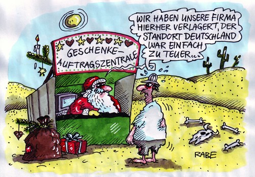 Cartoon: Standortverlagerung (medium) by RABE tagged weihnachtmann,wunschzettel,euro,wirtschaftsstandort,wüste,sonne,hitze,bescherung,paket,knochen,kaktus,computer,santa,claus,rauschebart,ökonomie,sparen,lebkuchen,tannenzweig,kerze,heiliger,abend,weihnachtsmann,wunschzettel,euro,wirtschaftsstandort,sonne,wüste,bescherung,paket,knochen,weihnachten