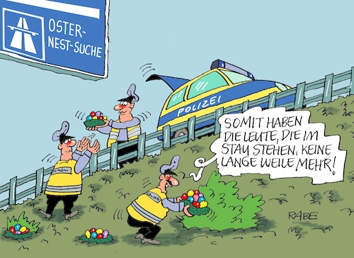 Cartoon: Staugefahr (medium) by RABE tagged ostern,osterhase,ostereier,osternest,osterfest,rabe,ralf,böhme,cartoon,karikatur,pressezeichnung,farbcartoon,tagescartoon,autobahn,reiseverkehr,stau,staugefahr,staupolizei,feiertage,osternestersuche,autobahnpolizei,lange,weile,unfallrisiko,ostern,osterhase,ostereier,osternest,osterfest,rabe,ralf,böhme,cartoon,karikatur,pressezeichnung,farbcartoon,tagescartoon,autobahn,reiseverkehr,stau,staugefahr,staupolizei,feiertage,osternestersuche,autobahnpolizei,lange,weile,unfallrisiko