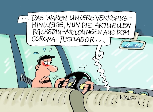 Cartoon: Staupilot (medium) by RABE tagged virus,corona,pandemie,coronakrise,rabe,ralf,böhme,cartoon,karikatur,pressezeichnung,farbcartoon,tagescartoon,viren,virenschutz,mundschutz,desinfektion,föderal,föderalismus,ländersache,test,testzentrum,testpflicht,schnelltest,labor,testlabor,lokerungen,pflichttest,reiserückkehrer,risikogebiet,kapazität,rückstau,staumeldungen,staupilot,stauradio,engpässe,proben,stapel,virus,corona,pandemie,coronakrise,rabe,ralf,böhme,cartoon,karikatur,pressezeichnung,farbcartoon,tagescartoon,viren,virenschutz,mundschutz,desinfektion,föderal,föderalismus,ländersache,test,testzentrum,testpflicht,schnelltest,labor,testlabor,lokerungen,pflichttest,reiserückkehrer,risikogebiet,kapazität,rückstau,staumeldungen,staupilot,stauradio,engpässe,proben,stapel