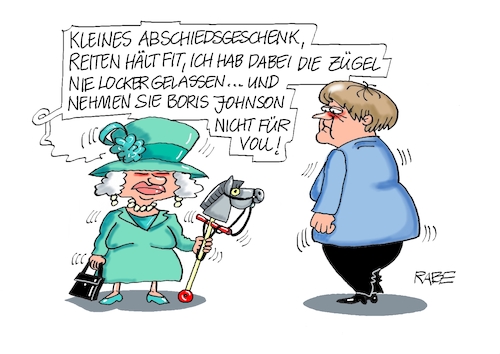 Cartoon: Steckenpferd (medium) by RABE tagged merkel,bundeskanzlerin,reden,regierungserklärungen,eu,gipfel,rabe,ralf,böhme,cartoon,karikatur,pressezeichnung,farbcartoon,tagescartoon,queen,london,treffen,buckingham,palace,abschiedstour,boris,johnson,elisabeth,königin,steckenpferd,zügel,reiten,sattelfest,merkel,bundeskanzlerin,reden,regierungserklärungen,eu,gipfel,rabe,ralf,böhme,cartoon,karikatur,pressezeichnung,farbcartoon,tagescartoon,queen,london,treffen,buckingham,palace,abschiedstour,boris,johnson,elisabeth,königin,steckenpferd,zügel,reiten,sattelfest