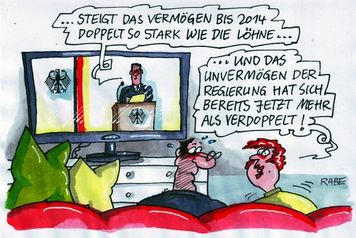 Cartoon: Steigendes Unvermögen (medium) by RABE tagged bundesregierung,vermögen,unvermögen,euro,regierungssprecher,nachrichten,fernsehen,ehepaar,couch,tagesschau,moderator,löhne,regierungsarbeit,umtragewerte,politikverdrossenheit,bundesadler,haushaltsloch,krise,wirtschaftsprognose,steuern,bundesregierung,vermögen,unvermögen,euro,regierungssprecher,nachrichten,fernsehen,moderator,löhne,regierungsarbeit,umtragewerte