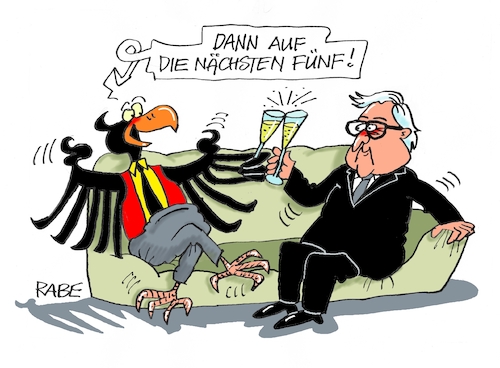 Cartoon: Steini (medium) by RABE tagged steinmeier,frank,walter,bundespräsident,spd,schloß,bellevue,wiederwahl,tagescartoon,rabe,karikatur,farbcartoon,pressezeichnung,couch,sekt,feier,anstoß,bundesadler,steinmeier,frank,walter,bundespräsident,spd,schloß,bellevue,wiederwahl,tagescartoon,rabe,karikatur,farbcartoon,pressezeichnung,couch,sekt,feier,anstoß,bundesadler