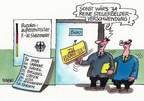 Cartoon: Steinmeier hier Steinmeier da (medium) by RABE tagged diplomatie,konflikte,verhandlungen,aussenminister,tagescartoon,farbcartoon,pressezeichnung,karikatur,cartoon,böhme,ralf,rabe,brüssel,eu,ukraine,libyen,syrien,irak,bundesaussenminister,spd,steinmeier,steinmeier,spd,bundesaussenminister,irak,syrien,libyen,ukraine,eu,brüssel,rabe,ralf,böhme,cartoon,karikatur,pressezeichnung,farbcartoon,tagescartoon,aussenminister,verhandlungen,konflikte,diplomatie