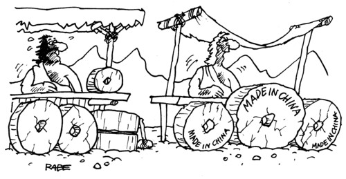 Cartoon: Steinzeitliches (medium) by RABE tagged steinzeit,steinzeitmensch,urmensch,rad,erfindung,faustkeil,leopardenfell,stand,verkaufsstand,händler,china,peking,herstellung,kopie,raubkopie,billigprodukt,verkaufsstrategie,feuerstein,flintstone,neanderthaler,höhle,höhlenmensch,prähistorisch,menschenaffe,evolution,abstammung,erfinder,steinzeit,steinzeitmensch,urmensch,rad,erfindung,faustkeil,leopardenfell,stand