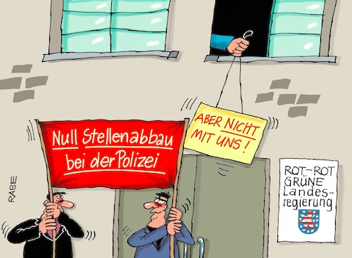 Cartoon: Stellenabbau (medium) by RABE tagged thüringen,polizei,innenminister,poppenhäger,rot,grün,landesregierung,rabe,ralf,böhme,cartoon,karikatur,pressezeichnung,farbcartoon,ramelow,linke,grüne,stellenstreichung,polizeiapparat,thüringen,polizei,innenminister,poppenhäger,rot,grün,landesregierung,rabe,ralf,böhme,cartoon,karikatur,pressezeichnung,farbcartoon,ramelow,linke,grüne,stellenstreichung,polizeiapparat