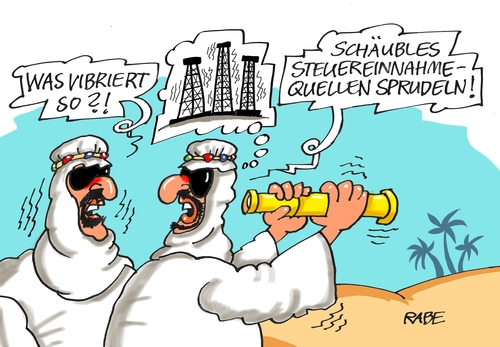 Cartoon: Steuereinnahmequelle (medium) by RABE tagged schäuble,bundesfinanzminister,cdu,steuern,steuereinnahmen,quelle,steuereinnahmequelle,steuerzahler,finanzamt,rabe,ralf,böhme,cartoon,karikatur,pressezeichnung,farbcartoon,tagescartoon,scheichs,ölmulti,bohrtürme,erdöl,euro,geld,wüste,vibration,sprudel,schäuble,bundesfinanzminister,cdu,steuern,steuereinnahmen,quelle,steuereinnahmequelle,steuerzahler,finanzamt,rabe,ralf,böhme,cartoon,karikatur,pressezeichnung,farbcartoon,tagescartoon,scheichs,ölmulti,bohrtürme,erdöl,euro,geld,wüste,vibration,sprudel