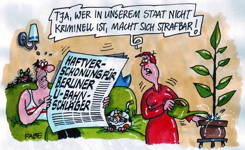 Cartoon: Strafmilderung (medium) by RABE tagged kriminalität,krimi,krimineller,bundesregierung,kanzlerin,cdu,inneminister,justizminister,euro,krise,haft,haftverschonung,haftstrafe,bewährung,freugang,freispruch,justizia,strafvollzug,strafvollzugsanstalt,straftäter,jugendliche,jugendstrafgesetz,gesetzesänderung,paragraph,richter,anwalt,staatsanwalt,kanzlei,handschellen,knast,gefängnis,anstalt,lebenslang,gewalt,schläger,untergrundbahn,berlin,prügelknabe,frau,mann,katzen,couch,stube,grünpflanze,gummibaum,zeitung,presse,nachrichten,staat,schlagzeile,hafturlaub,selbstjustiz,trauma,kriminalität,krimi,krimineller,bundesregierung,cdu,kanzlerin,inneminister,justizminister,euro,haftverschonung,haftstrafe,freugang,freispruch,justizia