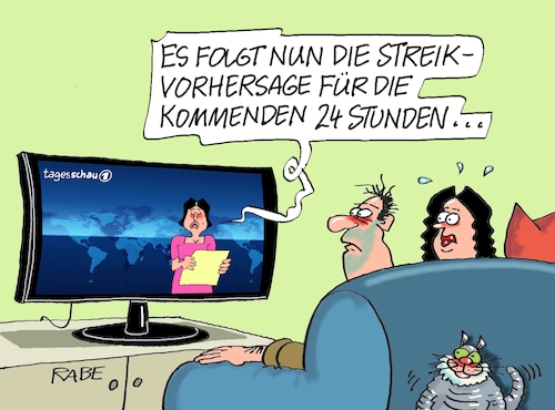 Cartoon: Streikvorhersage (medium) by RABE tagged bahn,db,bahnkunden,fahrpreis,fahrpreiserhöhung,rabe,ralf,böhme,cartoon,karikatur,pressezeichnung,farbcartoon,tagescartoon,schnellzug,bahnticket,schlusslicht,passagiere,bahnreisende,puffer,streik,streikankündigung,streikvorhersage,gewerkschaft,verdi,weselsky,gdl,lufthansa,reisende,mann,frau,tagesschau,news,wettervorhersage,tv,bahn,db,bahnkunden,fahrpreis,fahrpreiserhöhung,rabe,ralf,böhme,cartoon,karikatur,pressezeichnung,farbcartoon,tagescartoon,schnellzug,bahnticket,schlusslicht,passagiere,bahnreisende,puffer,streik,streikankündigung,streikvorhersage,gewerkschaft,verdi,weselsky,gdl,lufthansa,reisende,mann,frau,tagesschau,news,wettervorhersage,tv