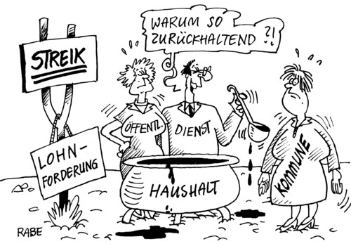 Cartoon: Streikwelle (medium) by RABE tagged gewerkschaft,verdi,streik,streikwelle,öfentlicher,dienst,beamte,lehrer,erzieherinne,kindergarten,lohn,gehalt,einstufung,lohnforderung,euro,krise,haushalt,haushaltslöcher,kommunen,städte,gemeinden,sparen,einsparung,länderfinanzausgleich,finanzminister,kessel,kelle,schöpfkelle,soße,suppe,brühe,mann,frau,hinweisschild,transparent,gewerkschaft,verdi,streik,streikbrecher,demonstration,arbeitsniederlegung,dienst,beamte,lehrer,lohnforderung,lohn,kindergärten,schulen,erziehrinnen,gehaltserhöhung,arbeitsplatz,job,euro,finanzierung,arbeit,gehalt